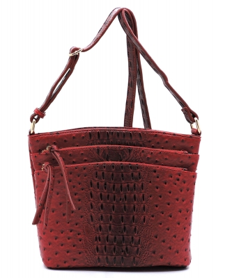 Ostrich Croc Multi Zip Pocket Crossbody Bag OS059 RED